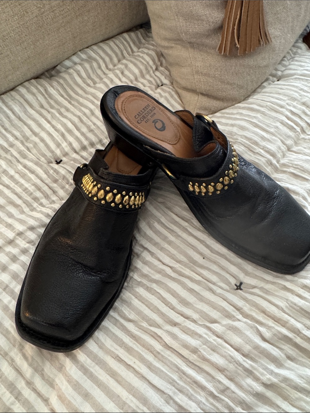 Black Leather Slip-On Mule with Gold Stud Accent